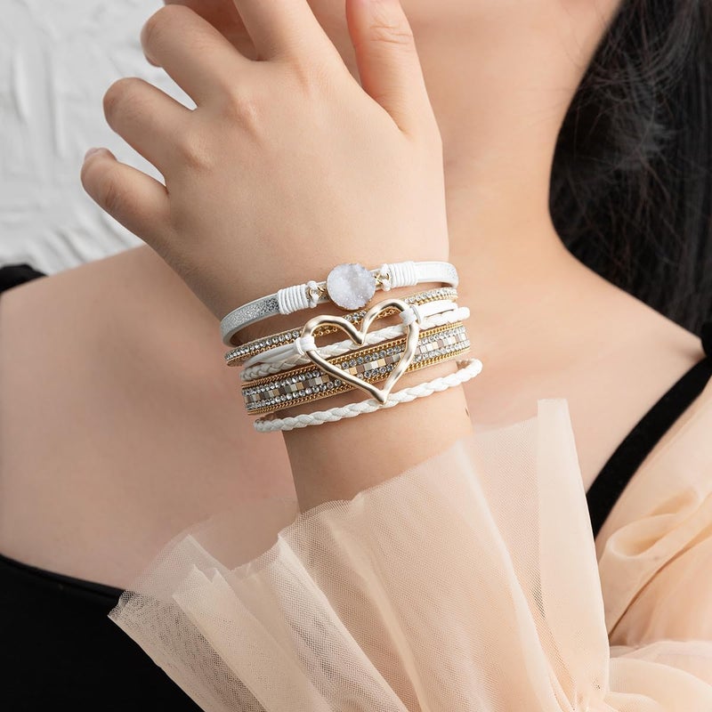 Rantanto Braid Leather Wrap Bracelet Trendy Stackable Crystal Cuff Boho Gold Heart Bracelet Jewelry Gift For Women - Image 2